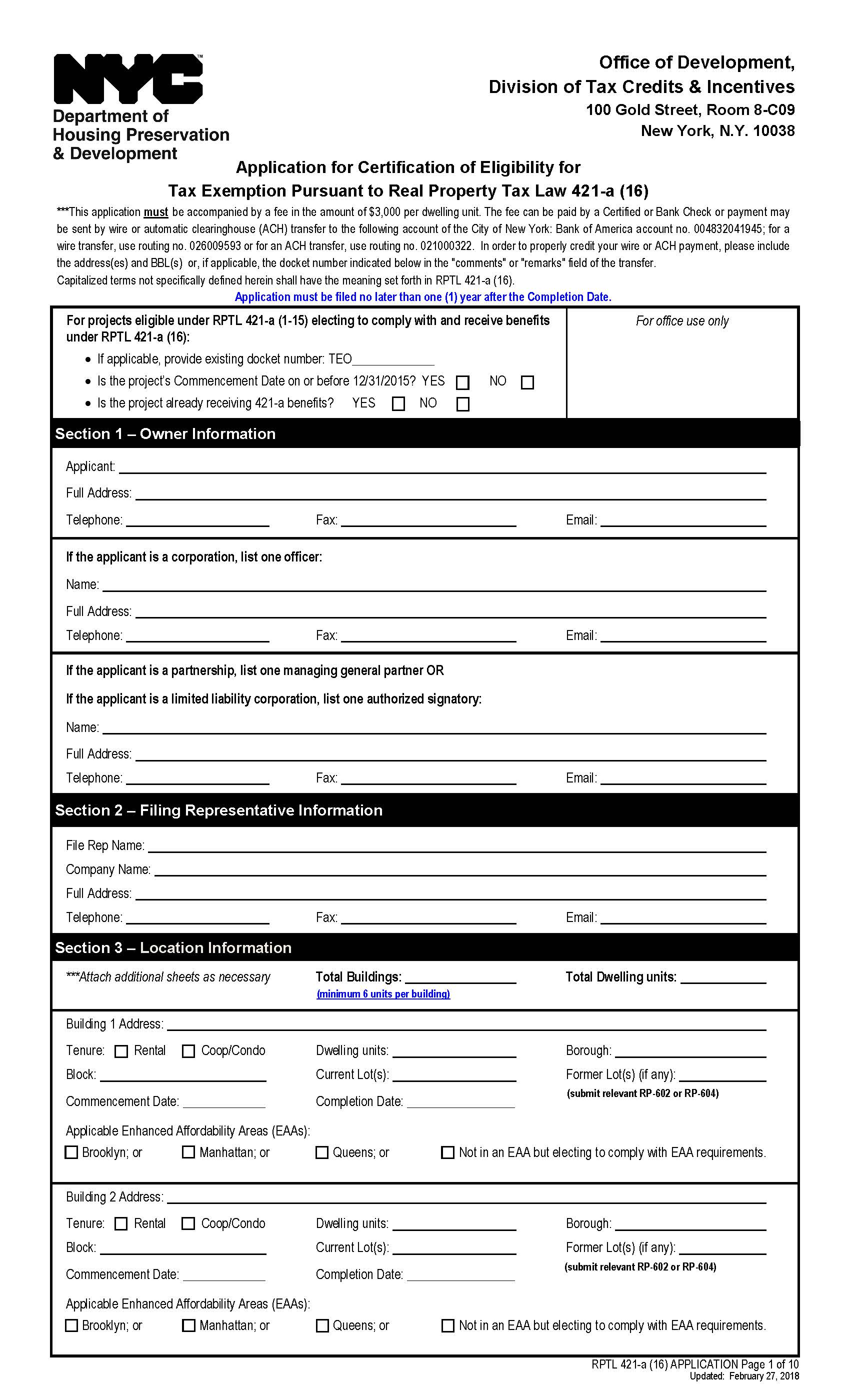 Application For Certification Of Eligibility For Tax Exemption [421-a (16)] | Pdf Fpdf Doc Docx | New York